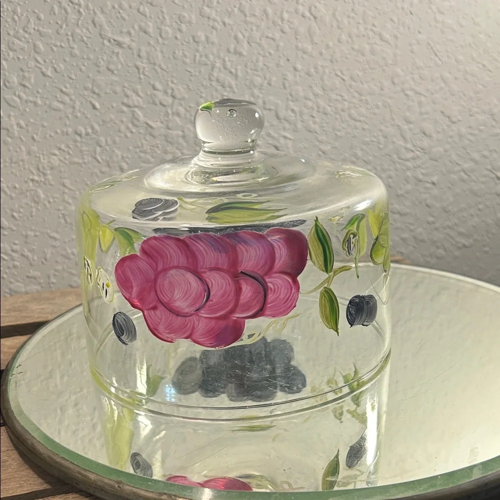 Hand-Painted Glass Cloche with Floral Motif, cloche only no plate Bloom Core